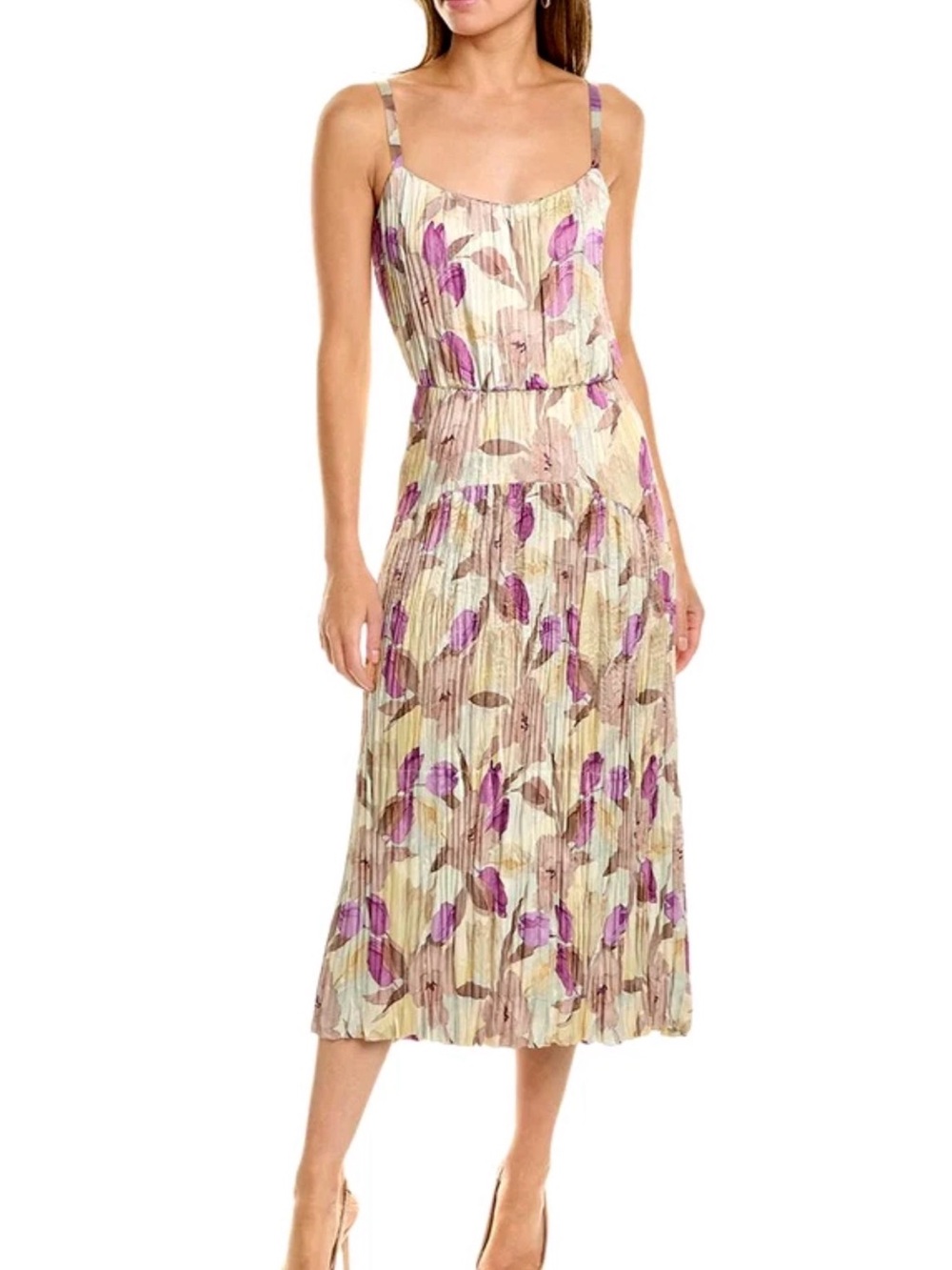 VINCE Nouveau Magnolia Crushed Satin Cami Midi Dress XS Pleated Floral Print